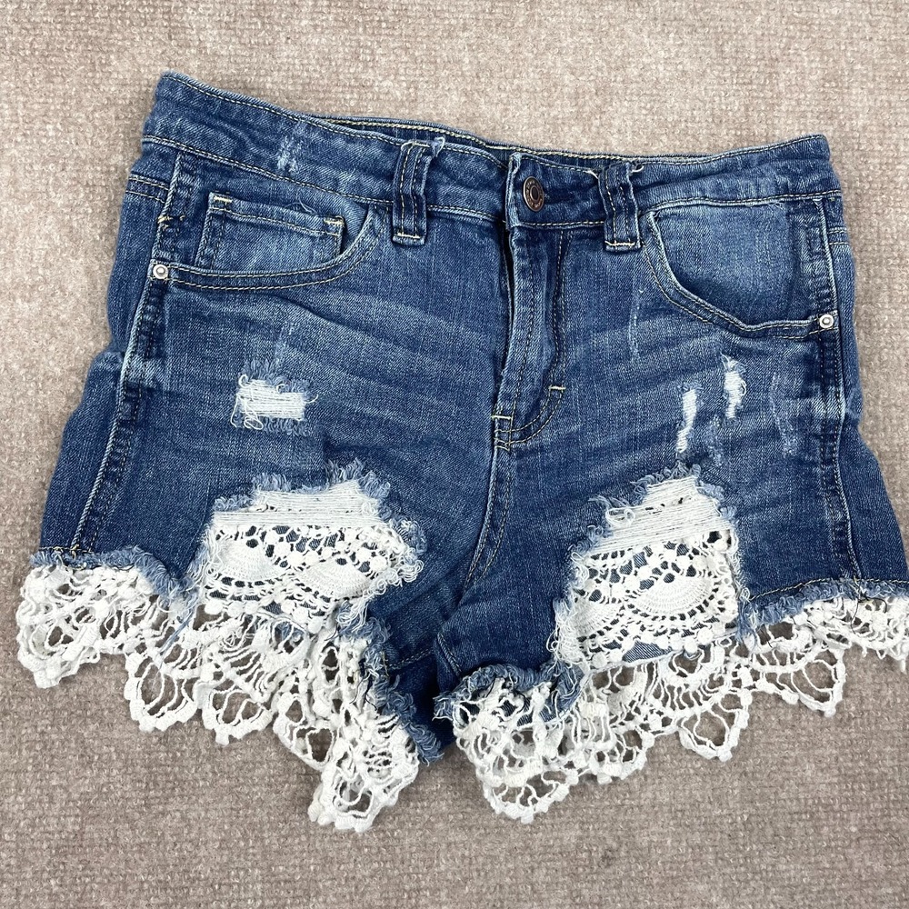 Almost Famous Denim Short Womens 7 Blue Cotton Lace Trim High Rise Distressed